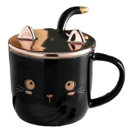 Taza gatito con tapa orejas y cuchara dorado gold