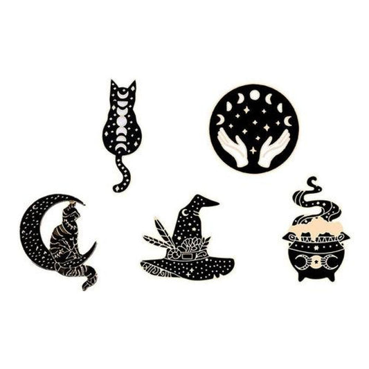 Set Pines Broches gotico Bruja gato negro proteccion Dark