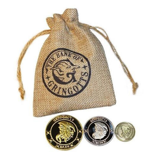 Bolsa de banco Gringotts con 3 monedas Harry Potter