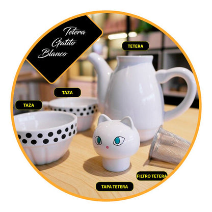 Set Cerámica Té Gatito, Tetera Con Infusor  2 Tazas Gato Cat