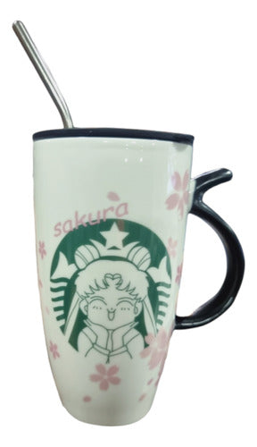 Tazon con bombilla y cuchara Sailor moon flor sakura