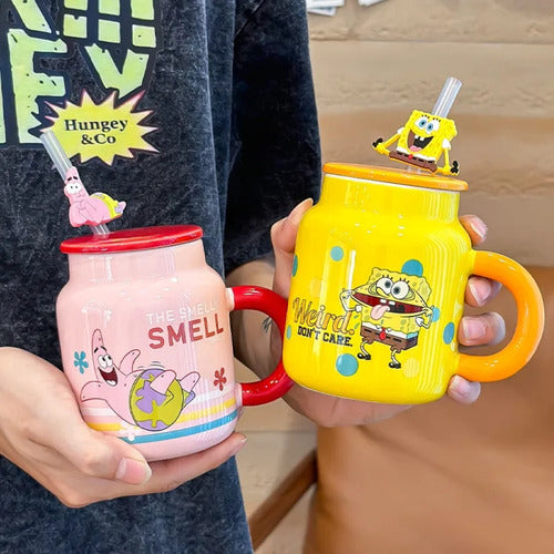 Tazón cerámica tipo Jarrón con tapa Bob esponja c Bombilla