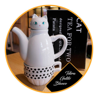 Set Cerámica Té Gatito, Tetera Con Infusor  2 Tazas Gato Cat