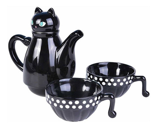 Set Cerámica Té Gatito, Tetera Con Infusor  2 Tazas Gato Cat