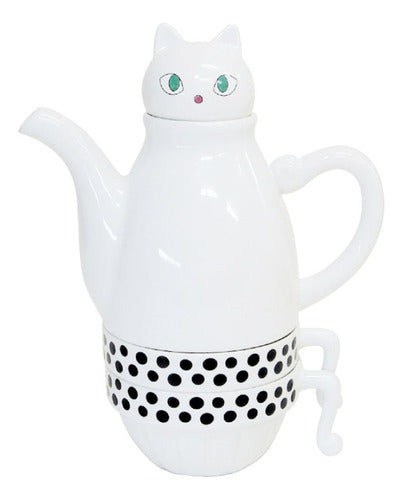 Set Cerámica Té Gatito, Tetera Con Infusor  2 Tazas Gato Cat