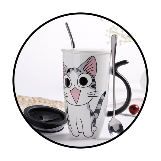 Tazón ceramica gatito Chi c/ tapa cuchara y bombilla