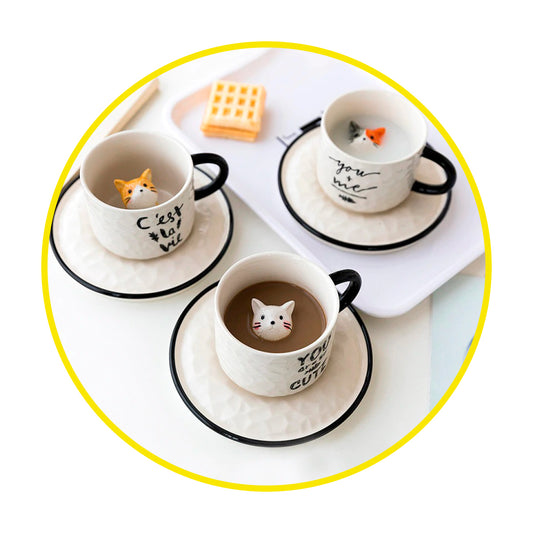 Taza con plato gato 3D escondido interior